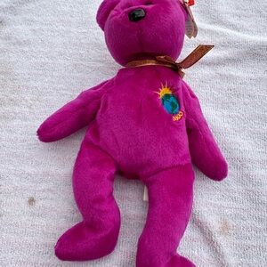 Ty Magenta Plush Bear with Embroidered Globe